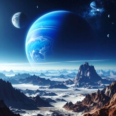 Alien landscape with a blue planet
