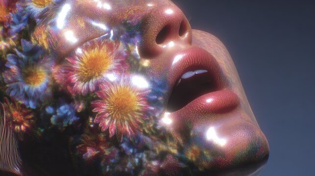 18h 3D render of a skinny girl in full body shot, double exposure with flowers, minimalism art, face in real photography style with ripped effect, trending on ArtStation