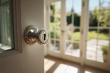 Open door, sunlit room, garden view