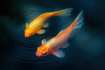 Two orange koi fish in a dark pond