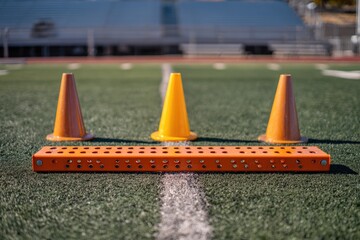 Orange cones and metal bar on a sports field