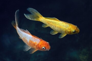 Two colorful koi fish in dark water