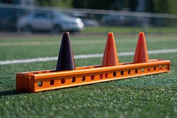 Orange training cones on artificial turf