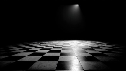Dark room, spotlight, checkered floor