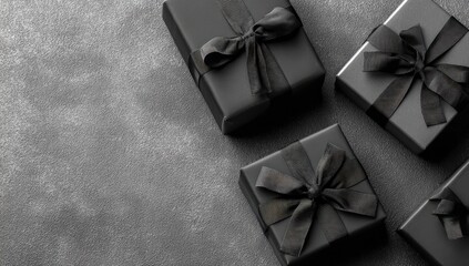 Four black gift boxes with bows on a gray surface