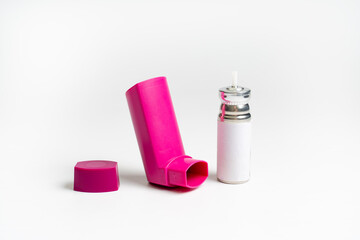 Separate parts of bronchodilator, inhalers for asthma, COPD, allergies and pulmonary diseases patients medicine with white background.
