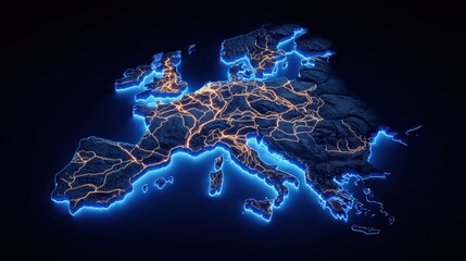 Europe Map Glowing Tech Digital, Countries, Travel, Data