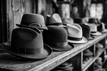 Rows of hats on wooden shelves