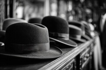 Row of dark hats on a shelf