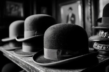 Black hats on a shelf in a dimly lit shop