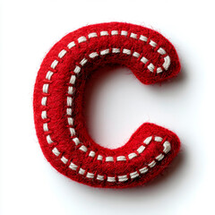 Red felt letter "C" with white whip stitching, clean and bold on white, craft meets minimal detail.