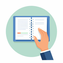 Hand Reaching for Open Notebook on Teal Background