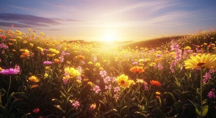 Vibrant Wildflower Meadow Bathed in Golden Sunset Light.