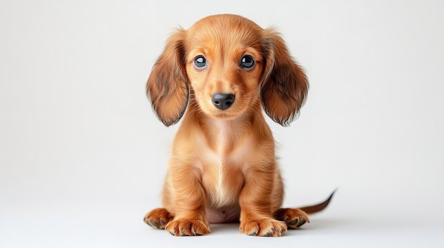 Miniature Dachshund puppy with red coat sitting on grey background
