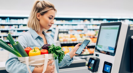 Young woman using mobile payment at supermarket self checkout with tote bag full of fresh vegetables.