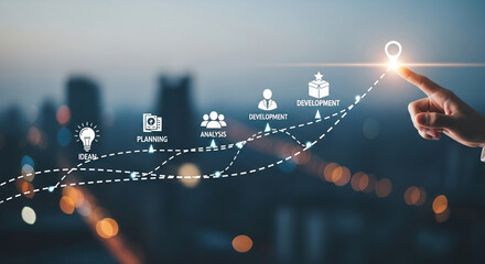 Creative idea generation for new product development concept Creative thinking and innovation Roadmap with stages of innovation icons