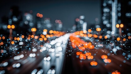 Night city street with blurred lights and network lines