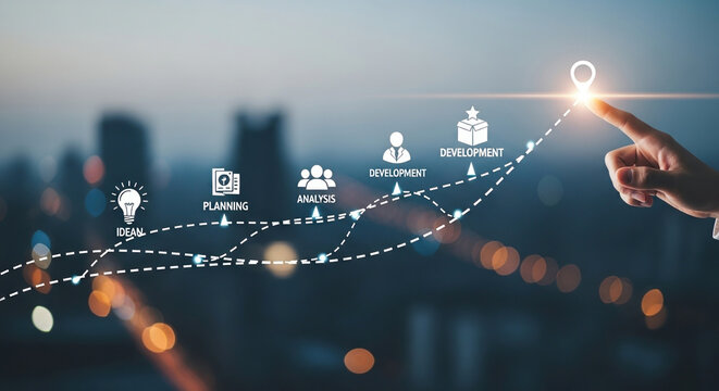 Creative idea generation for new product development concept Creative thinking and innovation Roadmap with stages of innovation icons