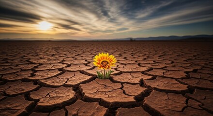 Resilient Sunflower Blooms in Arid Cracked Earth Under Dramatic Sky.