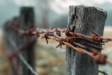 Close-up of weathered wooden post and rusty barbed wire fence