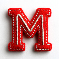 Red felt letter "M" with white whip stitching, clean and bold on white, craft meets minimal detail.