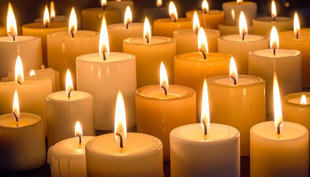 Many lit candles in warm tones
