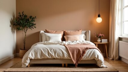 Cozy bedroom with neutral tones featuring a plush bed, warm lighting, and indoor plants in a contemporary design