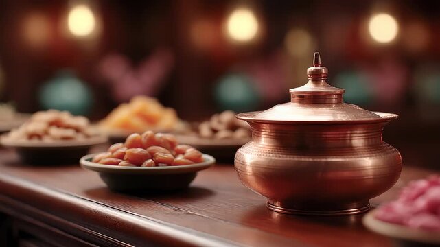 Close-up of Exquisite Copper Jar and Various Dried Fruit Delicacies