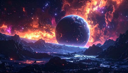 Alien planet landscape under a fiery nebula