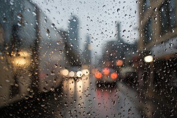 Rain-streaked city street view through a car window