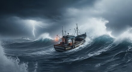 Fishing boat battling a fierce storm with massive waves and lightning strikes.