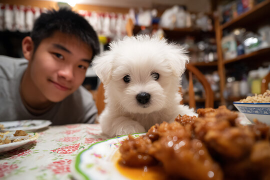 pet jealousy, an asian man prepares to eat chicken at his table, while a white puppy looks longingly at the food