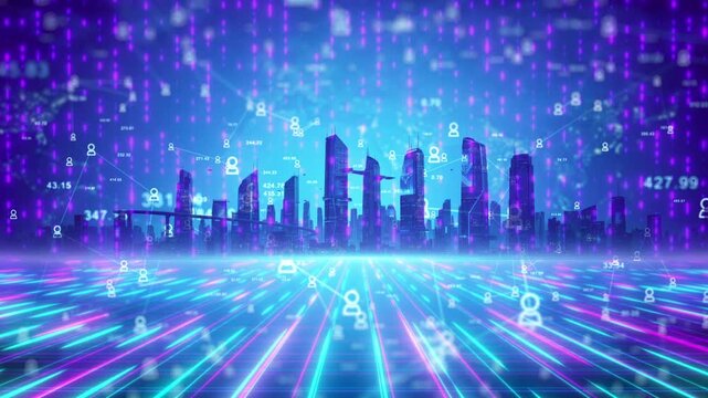 Seamless 4K animation of a high-tech city skyline overlaid with glowing data streams and code, perfect for tech, AI, or cyber themes.