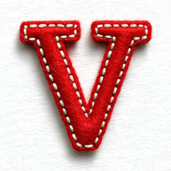 Red felt letter "V" with white whip stitching, clean and bold on white, craft meets minimal detail.
