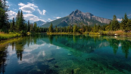Fototapeta premium Serene mountain lake reflecting a sky of clouds