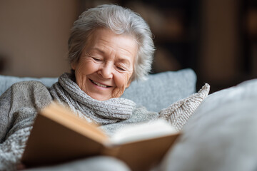 Old Reader enjoying a quiet afternoon on the couch reading in soft natural light wearing knitwear and cozy scarf