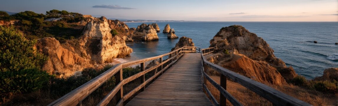 Panoramic view of a wooden boardwalk leading to the top of Algarve cliffs in Portugal, overlooking the ocean at sunset with rugged rocks, warm sunlight, and serene atmosphere, captured in high resolut