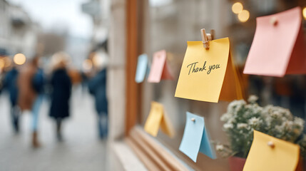 Street window display with thank you messages and vibrant post-it notes