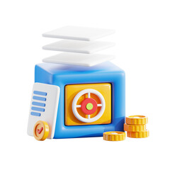 3D Render of Blue Safe with Documents and Coins