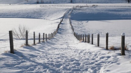 Obraz premium The Fenced Path Leading to a Frozen Pond