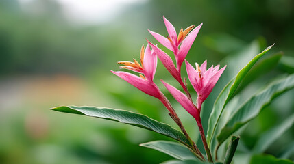 Fototapeta premium Vibrant pink heliconia flowers in lush greenery setting