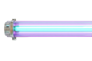 A vibrant purple and cyan UV light tube with metallic end caps, isolated on a transparent background. background removed