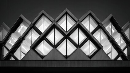 Architectural facade with geometric windows. Dark, modern design