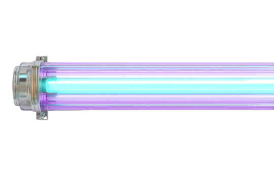 A vibrant purple and cyan UV light tube with metallic end caps, isolated on a transparent background. background removed