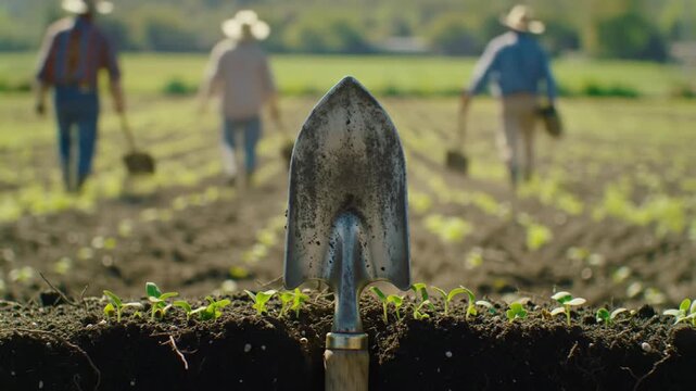 Farmers planting new crops in a vast field with a vintage shovel, cultivating the land with care and dedication for a bountiful harvest