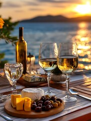 Elegant Sunset Dining Experience with Wine, Cheese, and Grapes by the Sea
