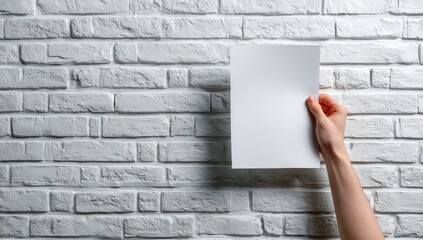 Blank sheet of paper held by a hand against a brick wall