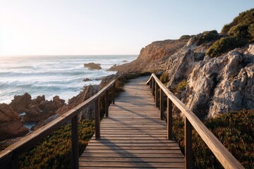 Obraz premium Panoramic sunset view of a wooden walkway leading to the ocean in Algarve, Portugal, overlooking rugged cliffs and lush vegetation, scenic coastal landscape, warm golden hour tones