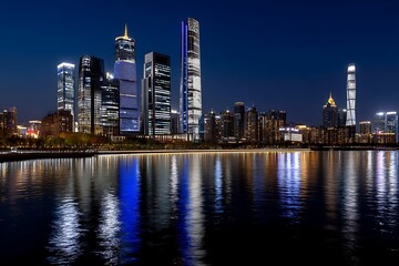 Obraz premium Night skyline of modern city with illuminated skyscrapers reflecting on water