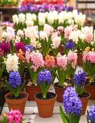 Fototapeta premium Colorful hyacinth blossoms in pots (1)
